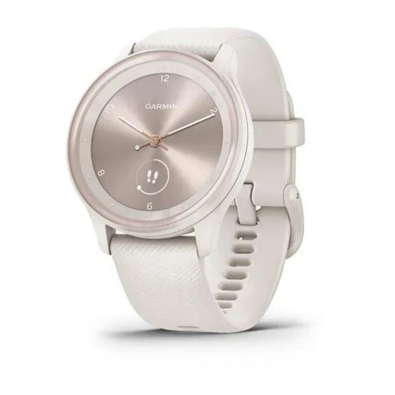 Garmin vívomove® Sport 40mm Fitness y bienestar Reloj inteligente — Caja y correa de silicona de color blanca con detalles en dorado claro