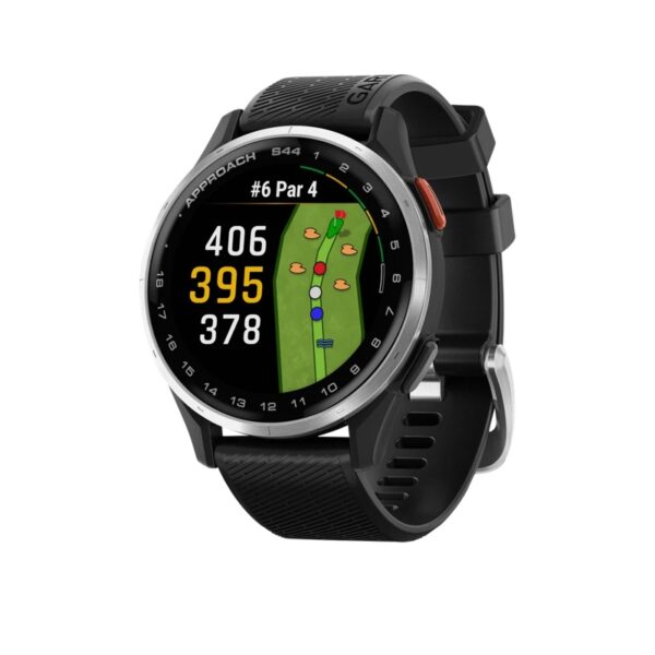 Garmin Approach S44 43mm GPS Reloj Inteligente de Golf — Bisel de aluminio plateado con correa de silicona en color negro