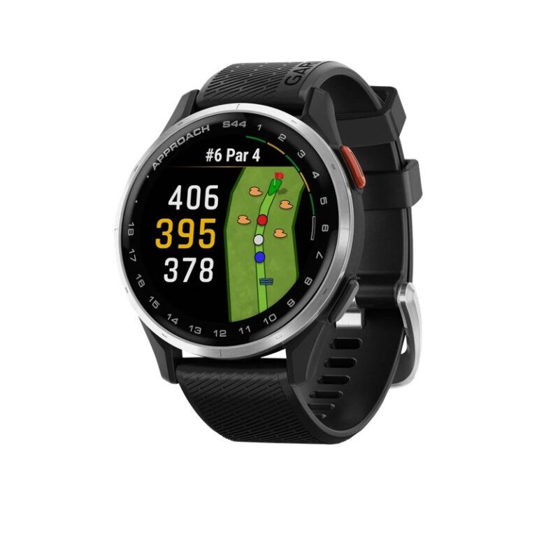 Garmin Approach S44 43mm GPS Reloj Inteligente de Golf — Bisel de aluminio plateado con correa de silicona en color negro