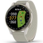 Garmin Approach S50 43mm GPS Reloj Inteligente de Golf — Bisel de aluminio oro crema con correa ComfortFit de nailon en color beige