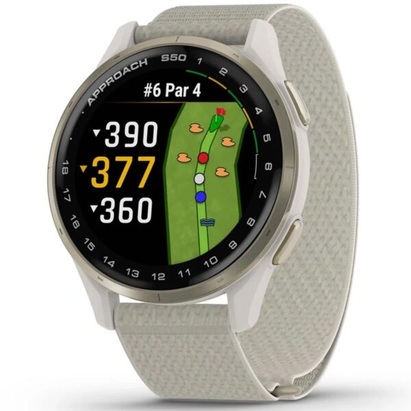 Garmin Approach S50 43mm GPS Reloj Inteligente de Golf — Bisel de aluminio oro crema con correa ComfortFit de nailon en color beige