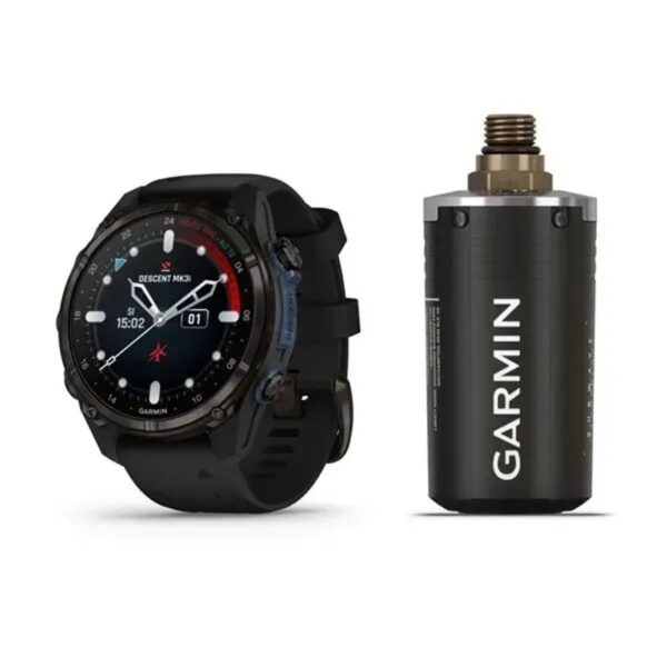 Garmin Descent™ Mk3i 43mm GPS Buceo e inmersión Reloj inteligente — Titanio con revestimiento de DLC gris carbón con correa de silicona negra + T2 Transceiver