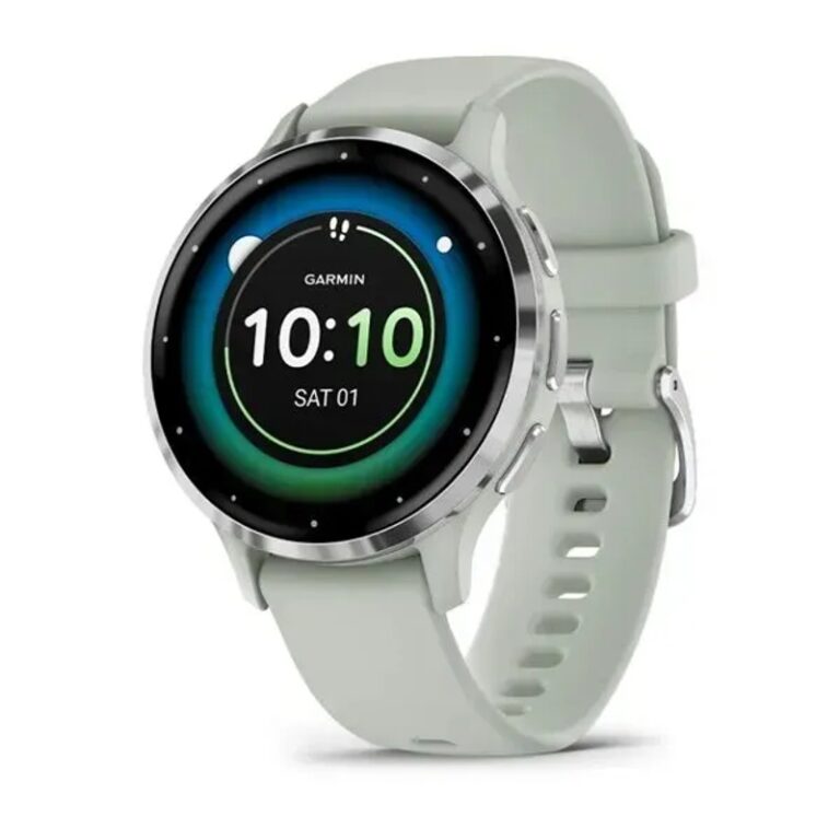 Garmin Venu® 3S 41mm Fitness y bienestar Reloj inteligente — Bisel de acero inoxidable plateado con caja y correa de silicona en verde