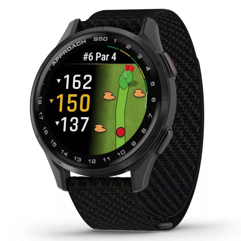 Garmin Approach S50 43mm GPS Reloj Inteligente de Golf — Bisel de aluminio gris pizarra con correa ComfortFit de nailon en color negro