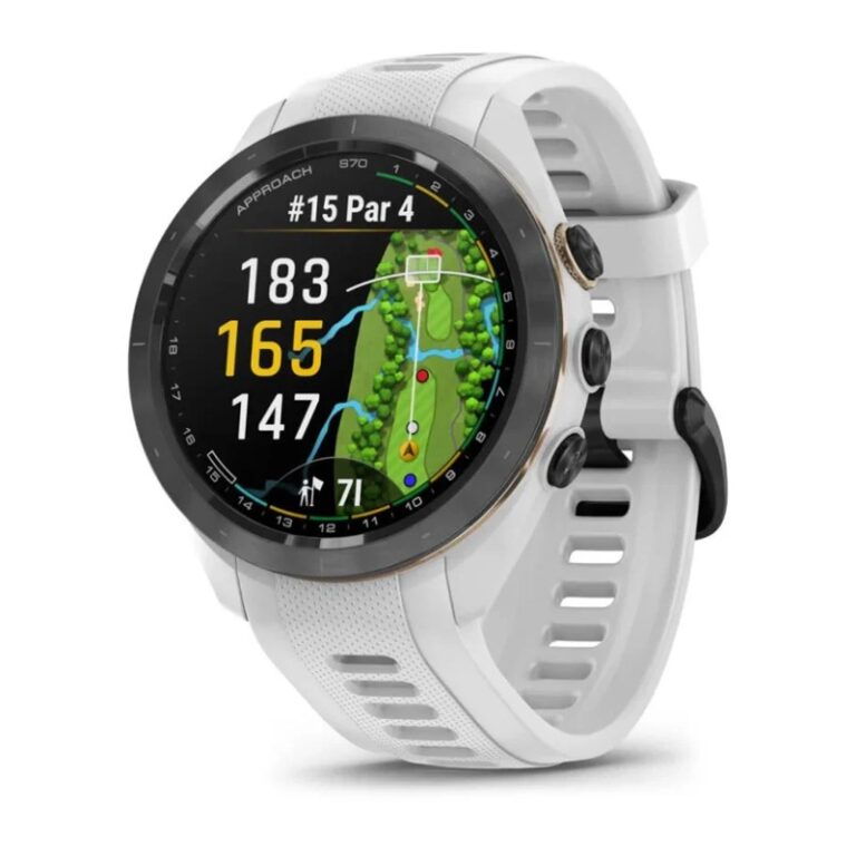 Garmin Approach S70 42/47 mm GPS Deportivo Reloj inteligente — 42 MM / Bisel de cerámica negro/melocotón con correa de silicona blanca
