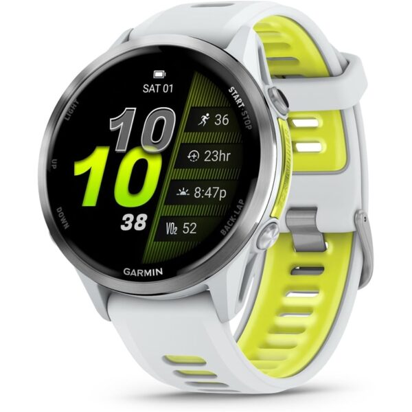 Garmin Forerunner® 970 47mm GPS con pantalla AMOLED Reloj inteligente para correr — Titanio con caja en blanco y correa en blanco/amarillo